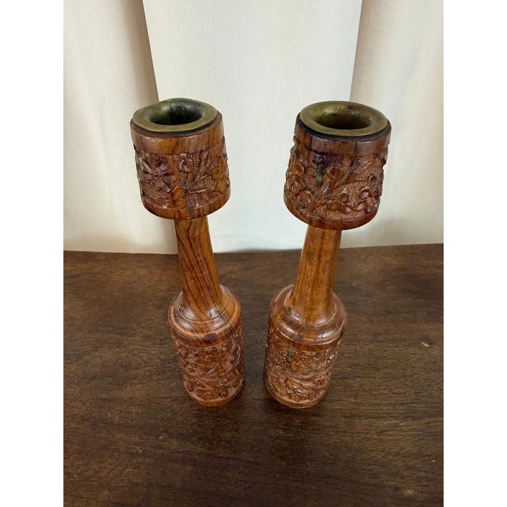 VTG PAIR‎ (2) Hand Carved Teak Wood Candle Holders Brass Inserts 8